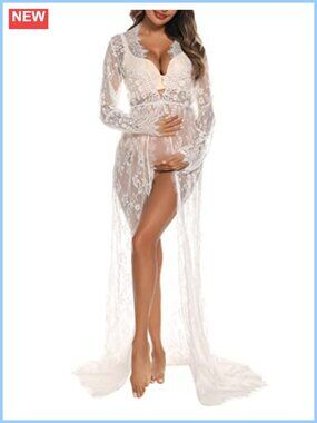 Sheer Lace Maternity Dress Open Front Maxi Gown with Tail